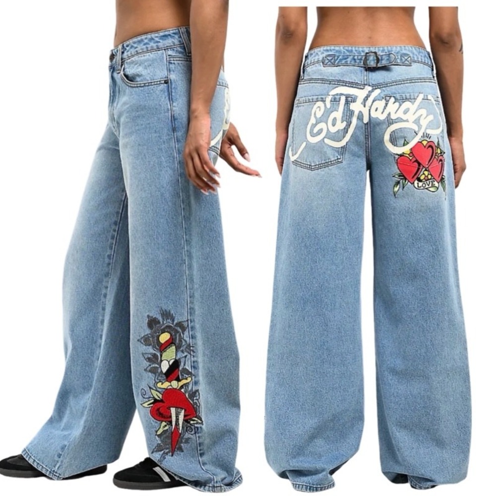 Ed Hardy Dagger Heart Flare Jeans Size 26 Retro Light Wide Leg Baggy Denim Y2K